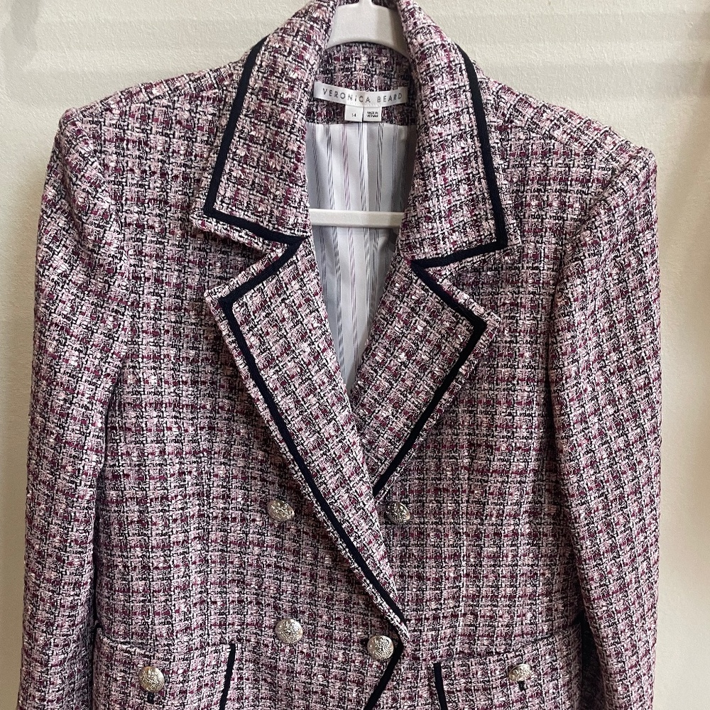 Veronica Beard Blazer.  Black/ purple check, with black piping.